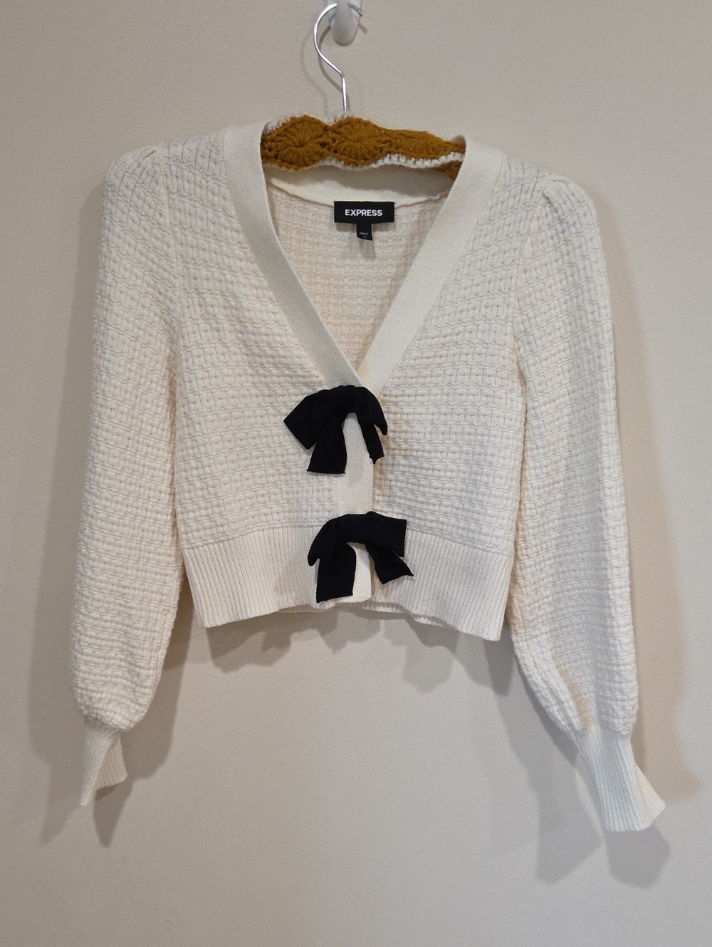Express Ivory Cropped Knit Cardigan with Black Bows